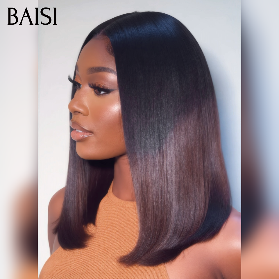 BAISI 4X4 lace closure Perruque Bob Lisse 8 à 14 Pouces en couleur Marron avec racine NOIR 1BT4# Très Bonne Qualité en 100% Cheveux Humains