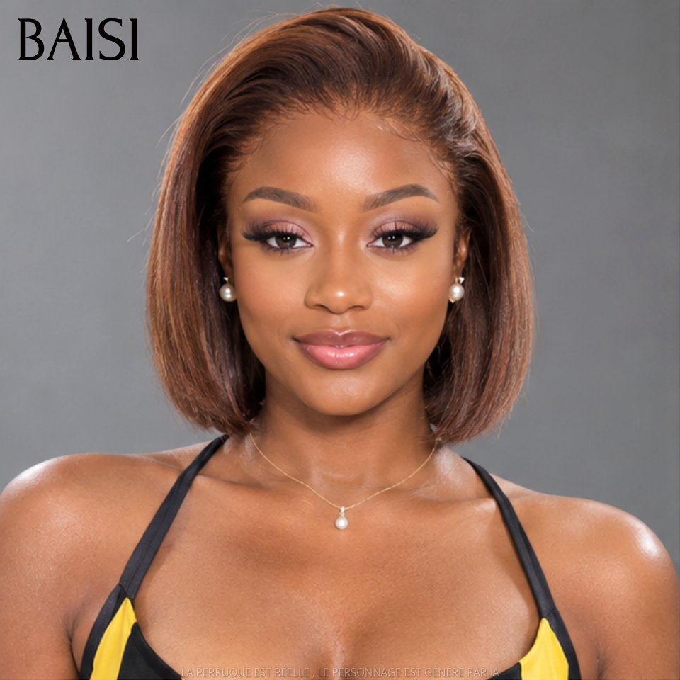 BAISI 13X4 Perruque Bob Lisse En Marron #4 Pré-plucked Pas Besoin de Colle en 100% Raw Hair Lace déjà couper