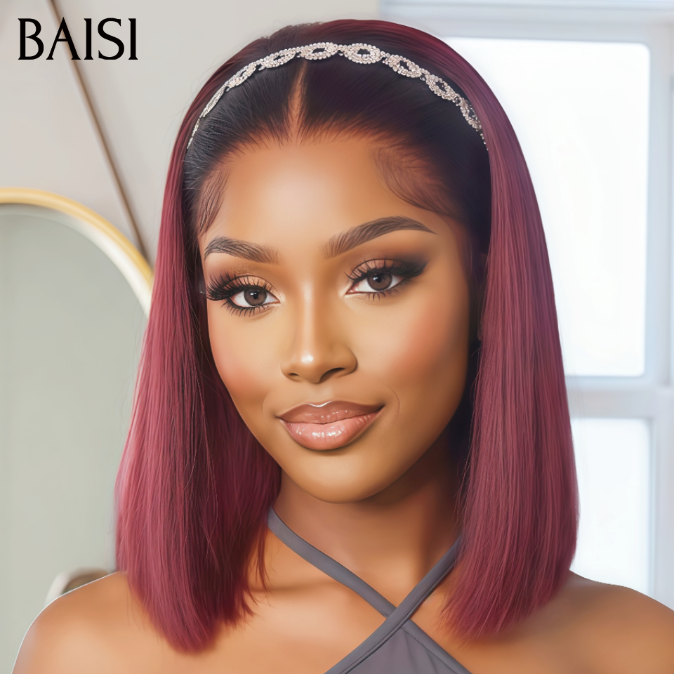 BAISI Lot de 2 perruques avec bandeau noir 1B# + 2x6 Lace Bob Vietnam hair rouge 99J# 10 Pouces 139€ Seulement Prix pas Chèr Très Bonne Qualité en 100% Cheveux Humains