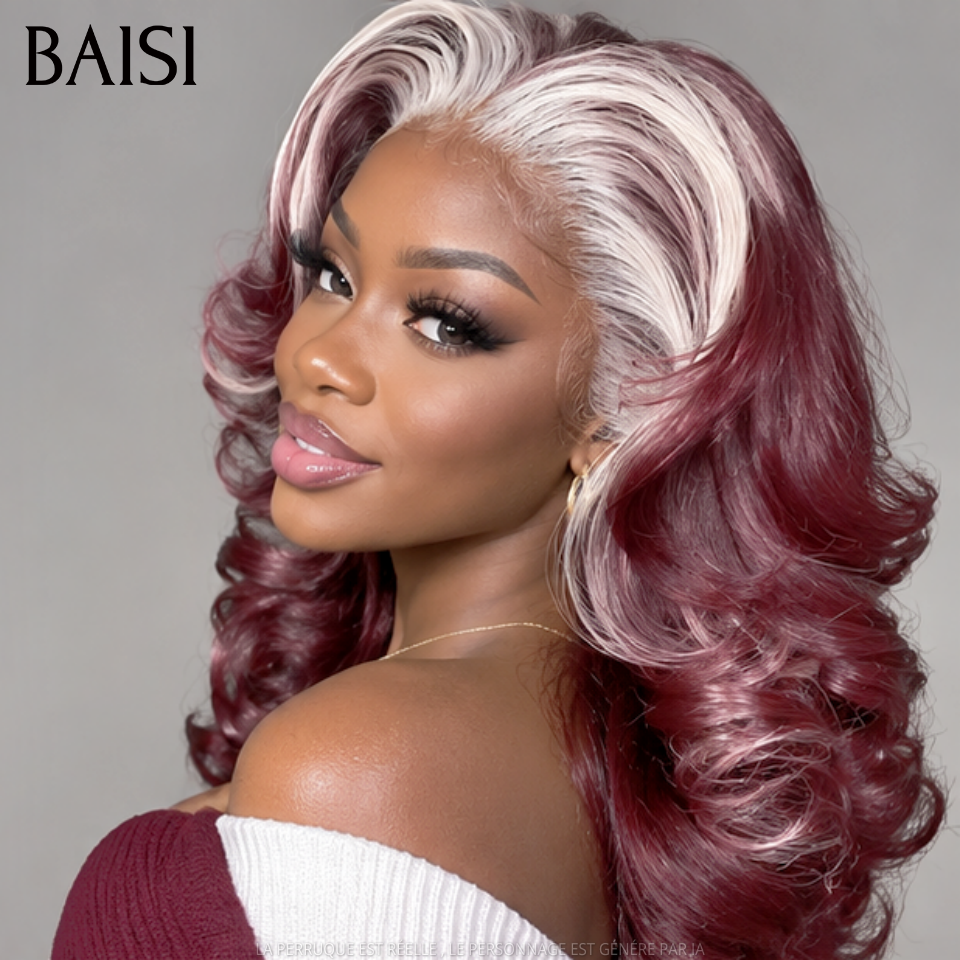 BAISI Promo Perruque 13X4 lace frontal 16 pouce couleurs Rouge-violet Mix Blonde somble grosse boucles sans colle Aujourd'hui 179€ en 100% Cheveux Humains