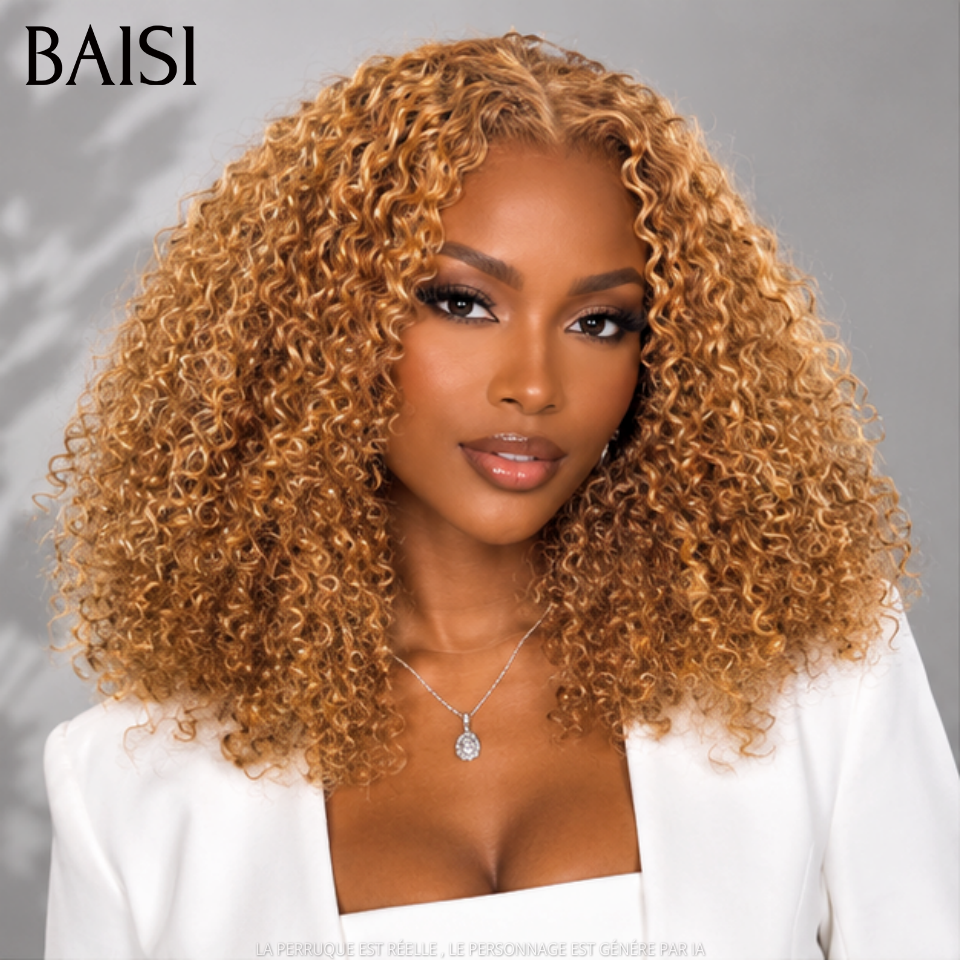 BAISI Closure Lace Perruque Curly Couleur Miel Doré P4-30 Disponible en 12Pouces ou 14Pouces ou 18Pouces Beaucoup de Volume en 100% Cheveux humains