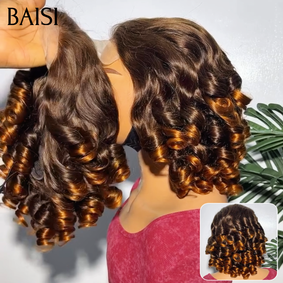 BAISI 4*4 Lace Perruque Bob Bouncy Curl 12Pouces 89€ en Couleur Châtain Marron Clair 4/33# Super Classe en 100% Cheveux Humains