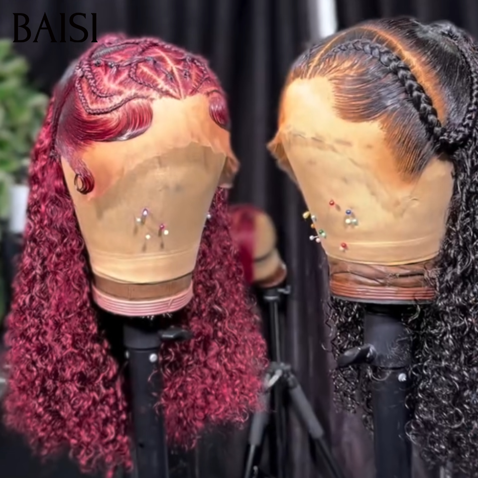 BAISI 13x4 Lace Perruque Coiffée Bouclée Curly En Nattes Rampantes Couleur Noir 1B# ou Rouge Bordeaux 99J# Deja Prête A Porter en 100% Cheveux humains