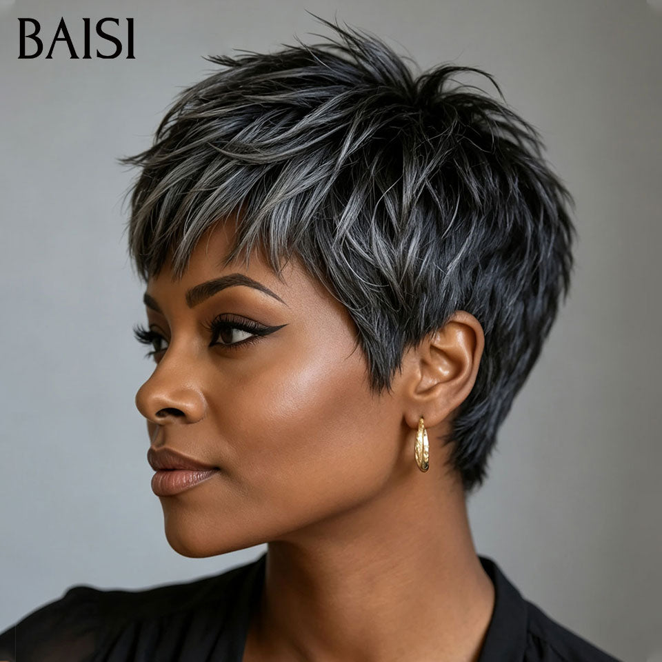 BAISI Perruque Pixie Lisse Coupe Effilée Gris style contemporain sans colle Sans Lace en 100% Cheveux Humains BS30