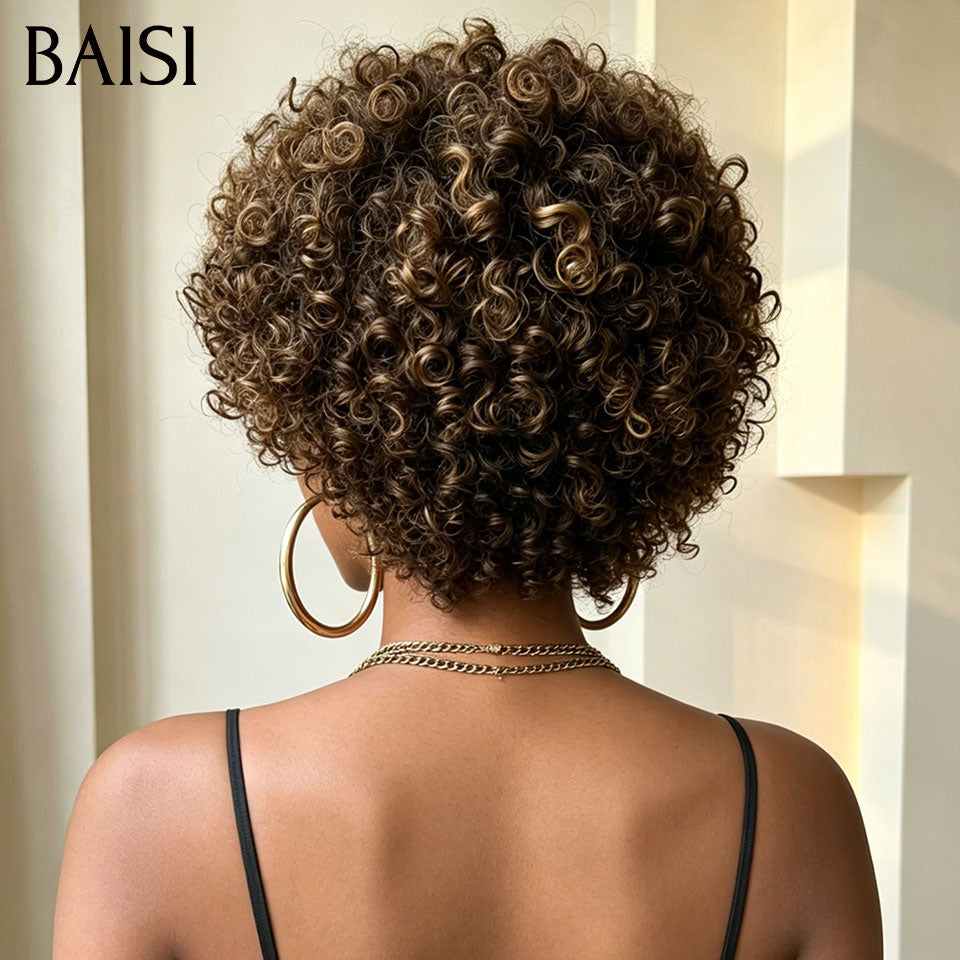 BAISI Perruque Pixie Curly Wave Couleur Marron Mixte 4/30# Sans Lace Sans Colle Facile à Porter Toute en Beauté en 100% Cheveux humains