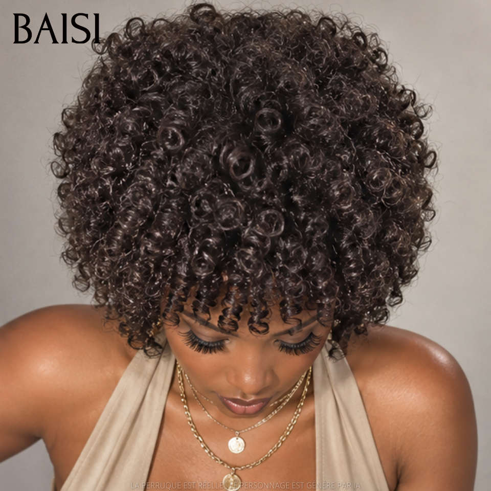 BAISI Perruque Top Modèle egg wave Avec Frange 12 Pouces sans Colle 100% cheveux humains