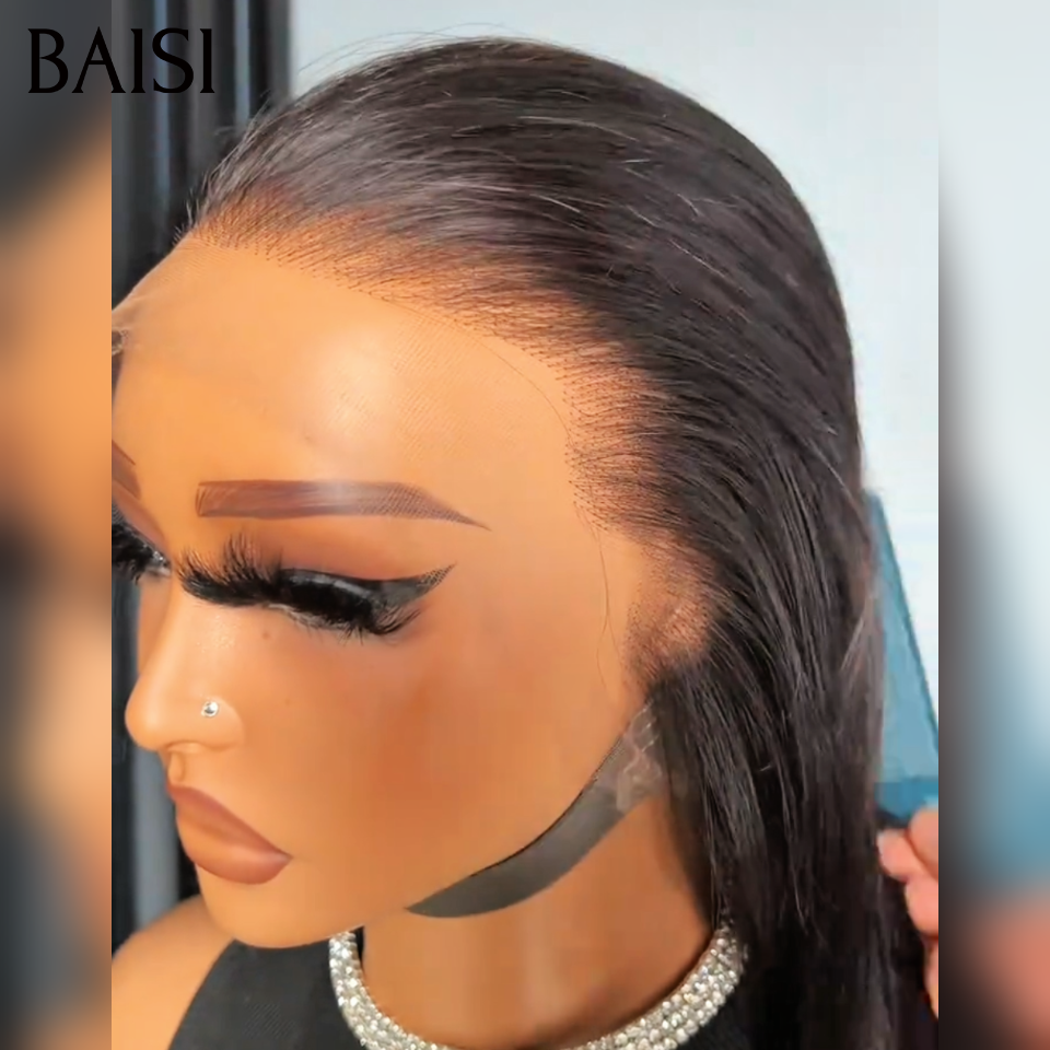 BAISI Perruque 360 Lace ou frontal Lace avec Queue de cheval Lisse 20 Pouces NOIR en 100% Cheveux Humains