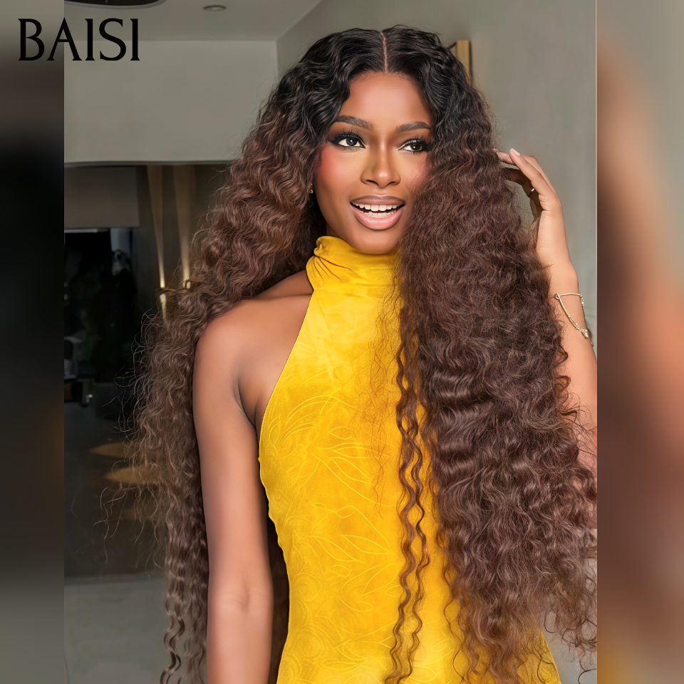 BAISI 13x4 Lace PERRUQUE LONGUE Curly Wave Marron et Noir 1B/4# Commande PERSONNALISÉE 250% DENSITÉ 40 POUCES en 100% Cheveux Humains