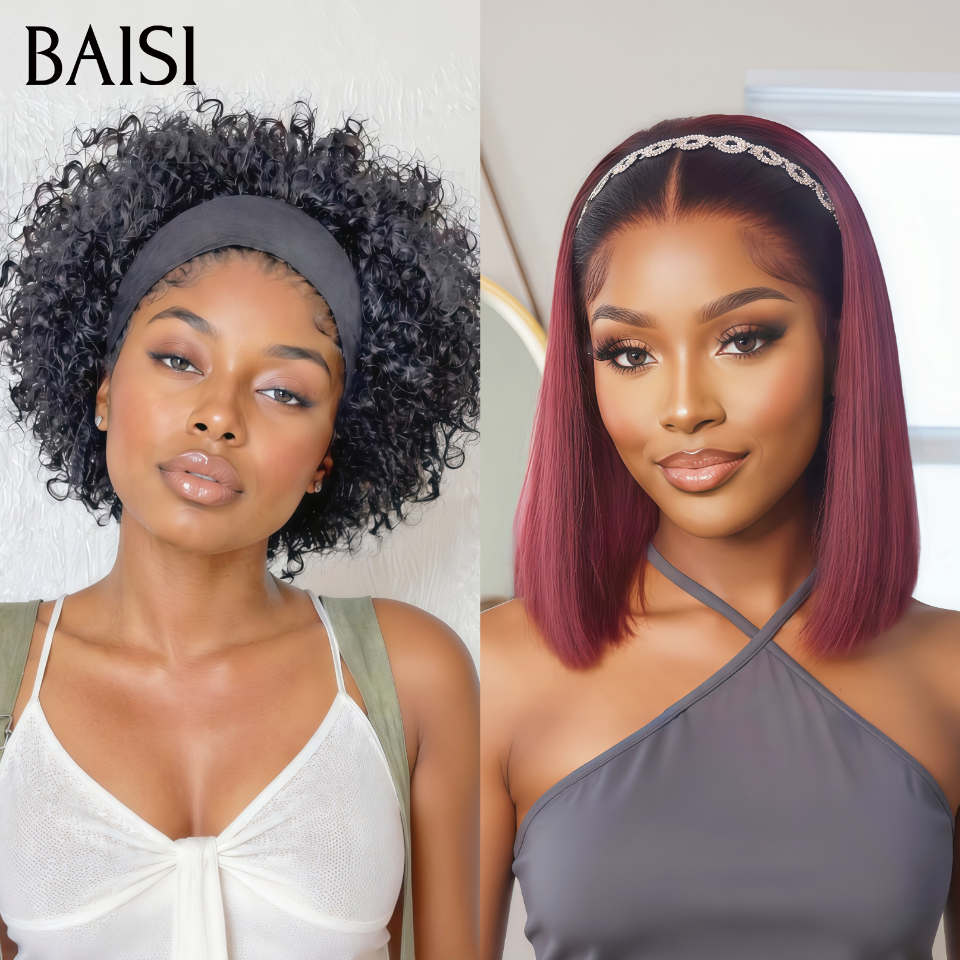 BAISI Lot de 2 perruques avec bandeau noir 1B# + 2x6 Lace Bob Vietnam hair rouge 99J# 10 Pouces 139€ Seulement Prix pas Chèr Très Bonne Qualité en 100% Cheveux Humains