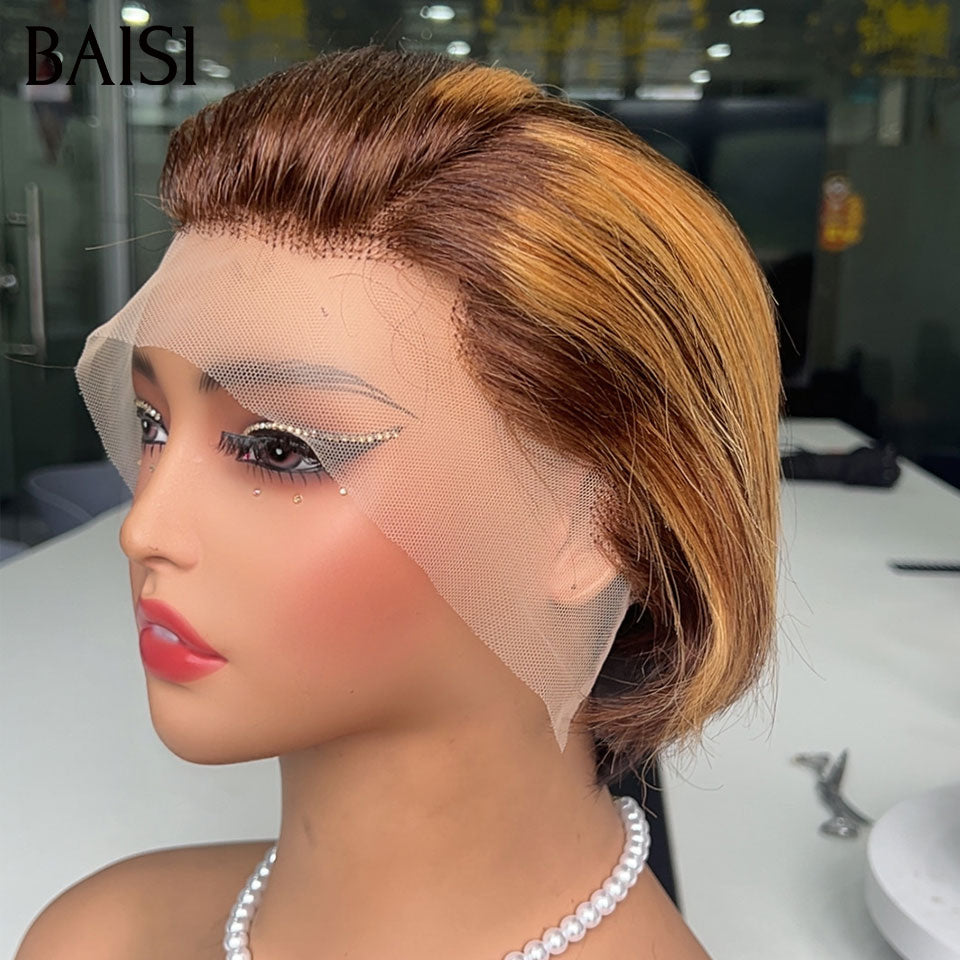 BAISI 13x4 Lace Perruque Pixie Courte lisse Marron Miel 4/27# Jamais Démodée 59€ Seulement En 100% Cheveux Humains