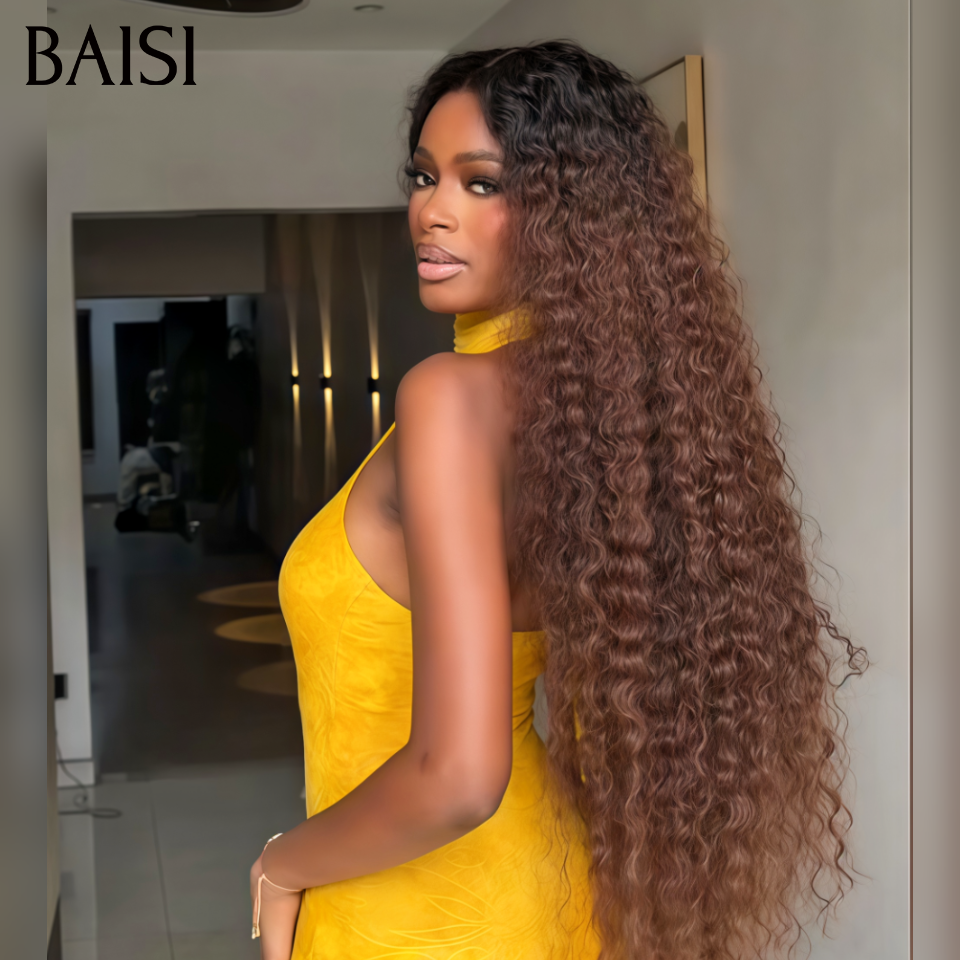 BAISI 13x4 Lace PERRUQUE LONGUE Curly Wave Marron et Noir 1B/4# Commande PERSONNALISÉE 250% DENSITÉ 40 POUCES en 100% Cheveux Humains