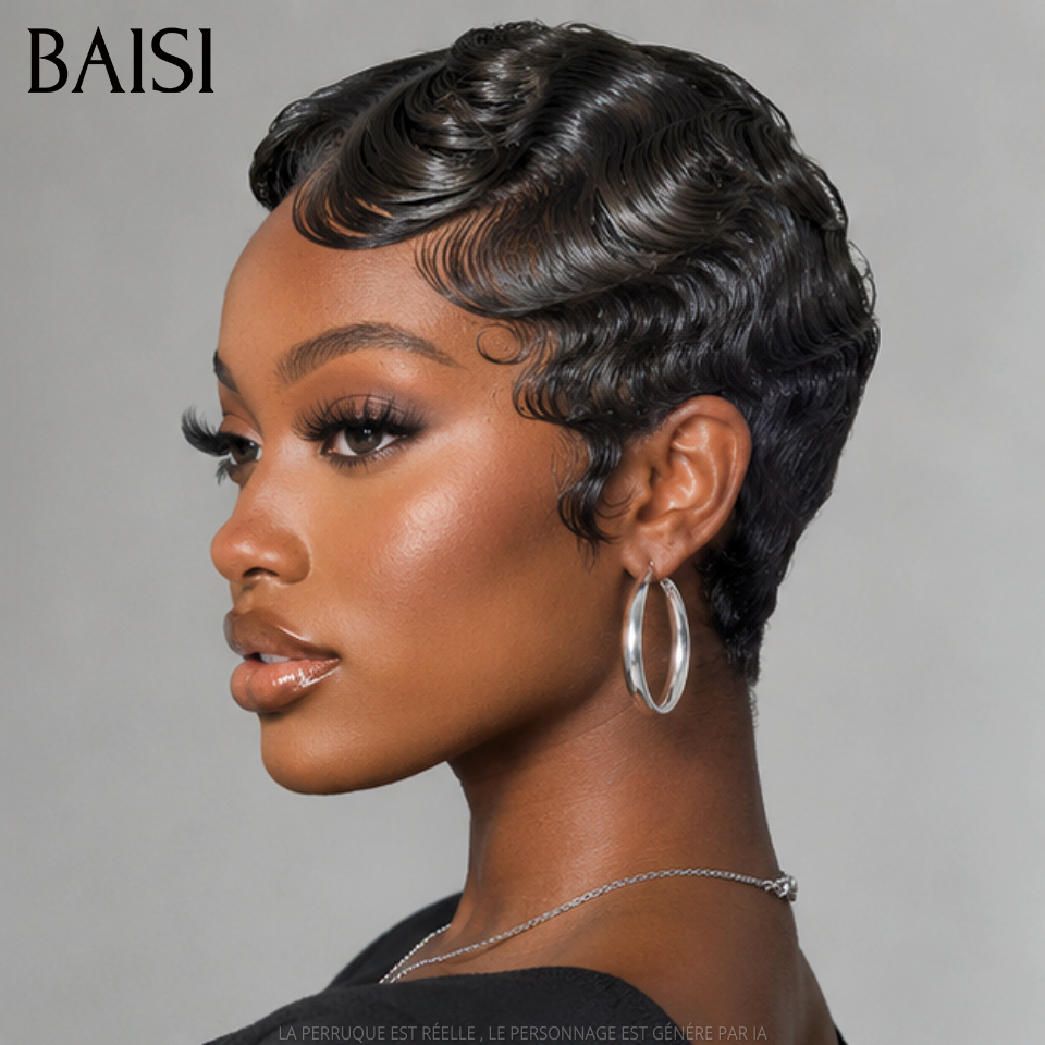 BAISI Perruque sans Colle sans lace pixie water wave NOIR 100% Cheveux Humains FR38