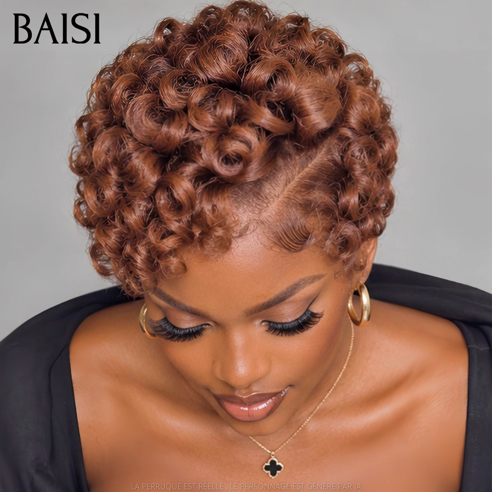 BAISI Perruque chioma pixie Marron finger wave sans Colle en 100% Raw Hair Lace déjà couper