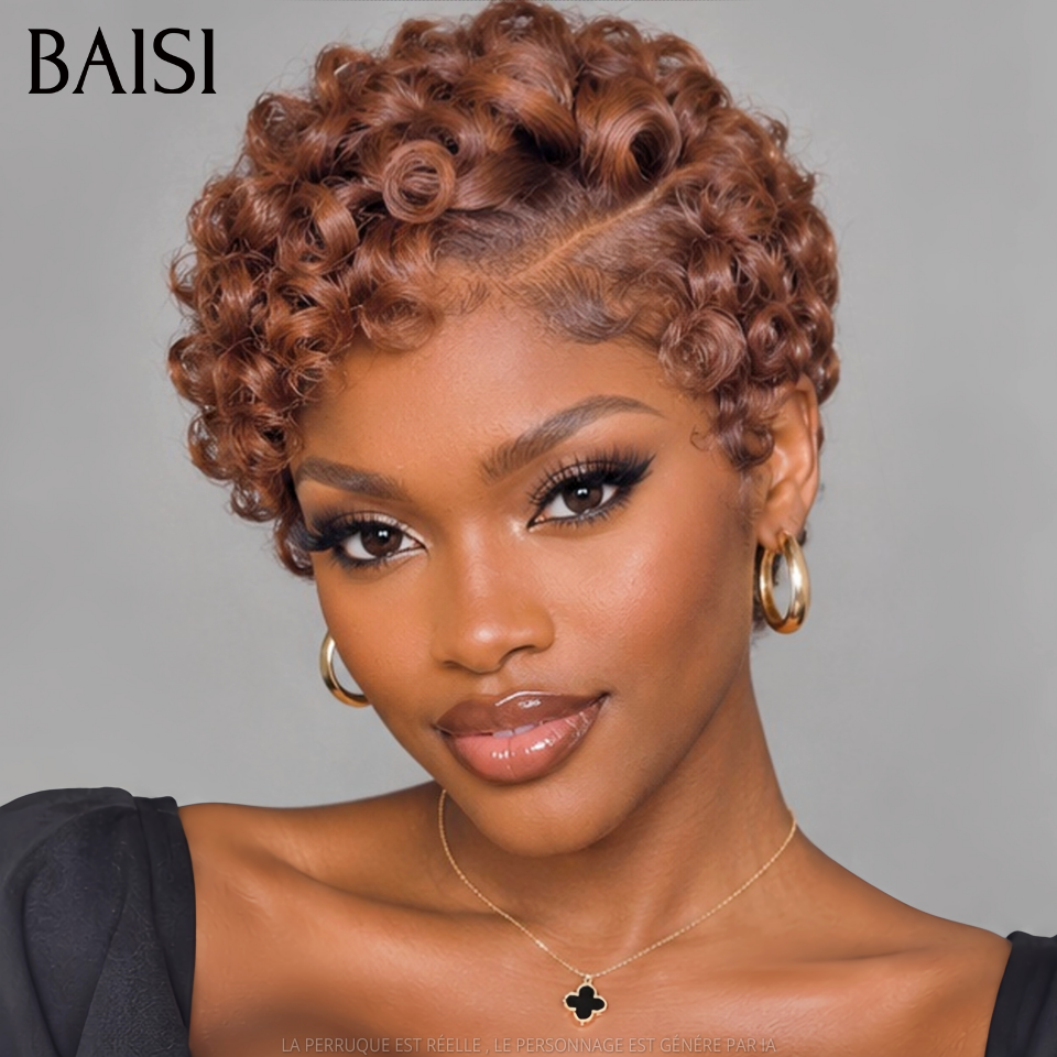 BAISI Perruque chioma pixie Marron finger wave sans Colle en 100% Raw Hair Lace déjà couper