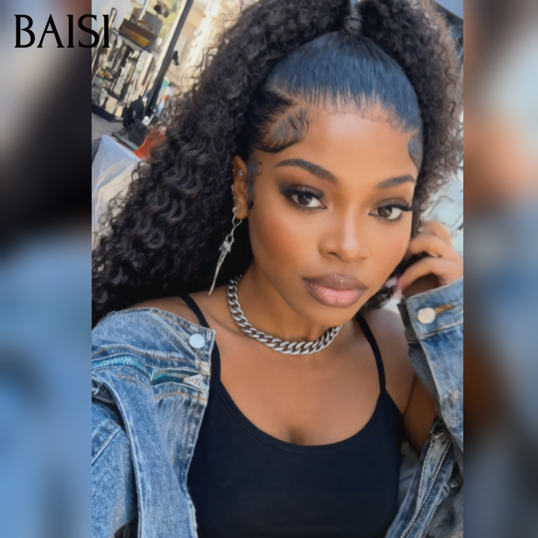 BAISI 13x4 Lace Perruque Kinky Curly Déjà Coiffée Couleur Noir 22Pouces 169€ Coiffure A la Mode pour les Vacances en 100% Cheveux humains