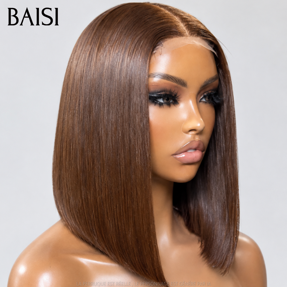 BAISI Lot de 3 Perruques 100% Vietnam Hair 8Pouces En Gros Bob Carré Lisse Avec et Sans Frange Couleur Noir 1B# , Marron 4# et Bordeaux 1B/99J# Très Facile A Revendre en 100% Cheveux Humains