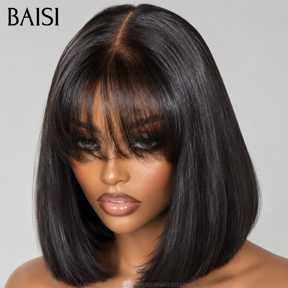 BAISI Lot de 3 Perruques 100% Vietnam Hair 8Pouces En Gros Bob Carré Lisse Avec et Sans Frange Couleur Noir 1B# , Marron 4# et Bordeaux 1B/99J# Très Facile A Revendre en 100% Cheveux Humains