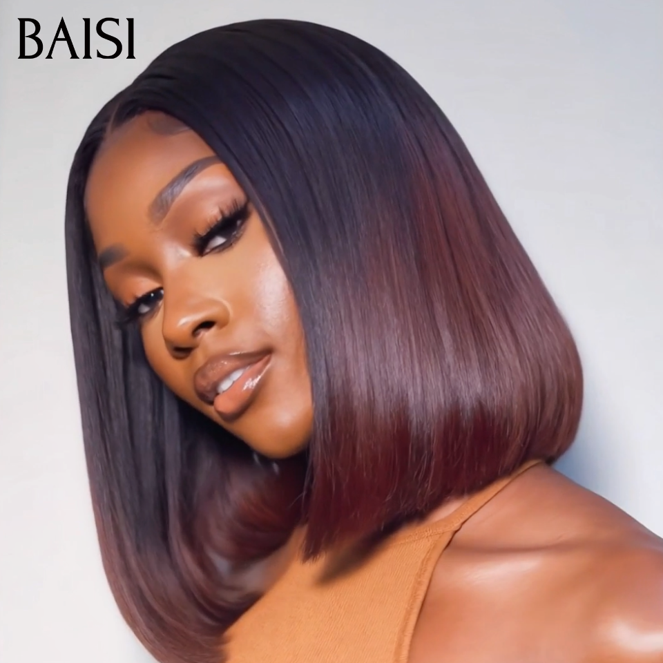 BAISI 4X4 lace closure Perruque Bob Lisse 8 à 14 Pouces en couleur Marron avec racine NOIR 1BT4# Très Bonne Qualité en 100% Cheveux Humains