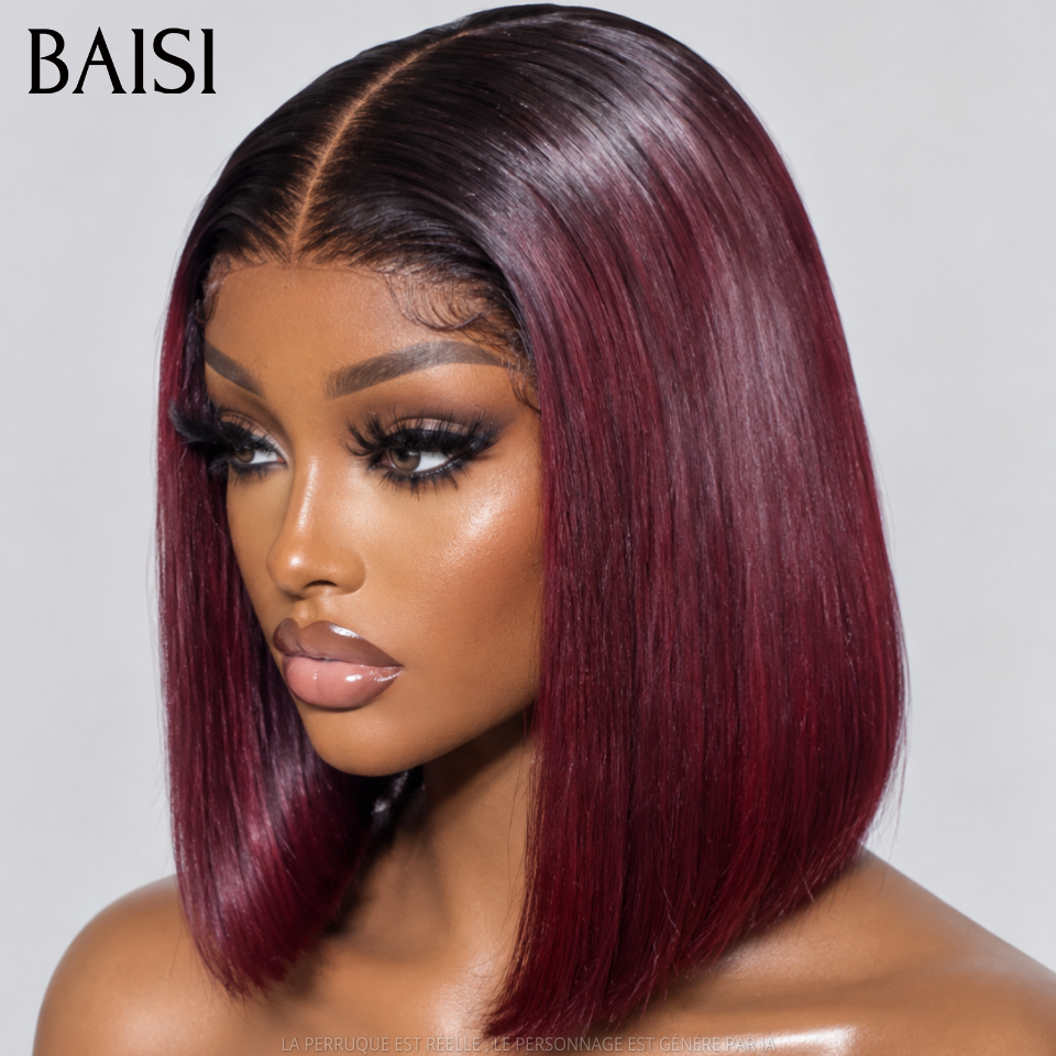 BAISI Lot de 3 Perruques 100% Vietnam Hair 8Pouces En Gros Bob Carré Lisse Avec et Sans Frange Couleur Noir 1B# , Marron 4# et Bordeaux 1B/99J# Très Facile A Revendre en 100% Cheveux Humains