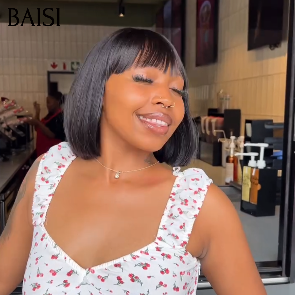 BAISI Perruque Bob Avec Frange 59€ Seulement Coupe Chinoise Lisse Pas Besoin de Colle Parfaite Au Quotidien en 100% Cheveux Humains