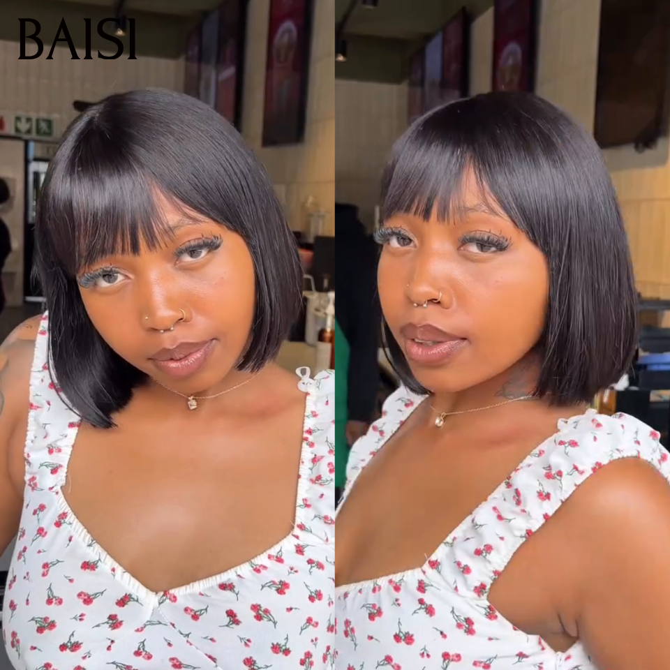 BAISI Perruque Bob Avec Frange 59€ Seulement Coupe Chinoise Lisse Pas Besoin de Colle Parfaite Au Quotidien en 100% Cheveux Humains