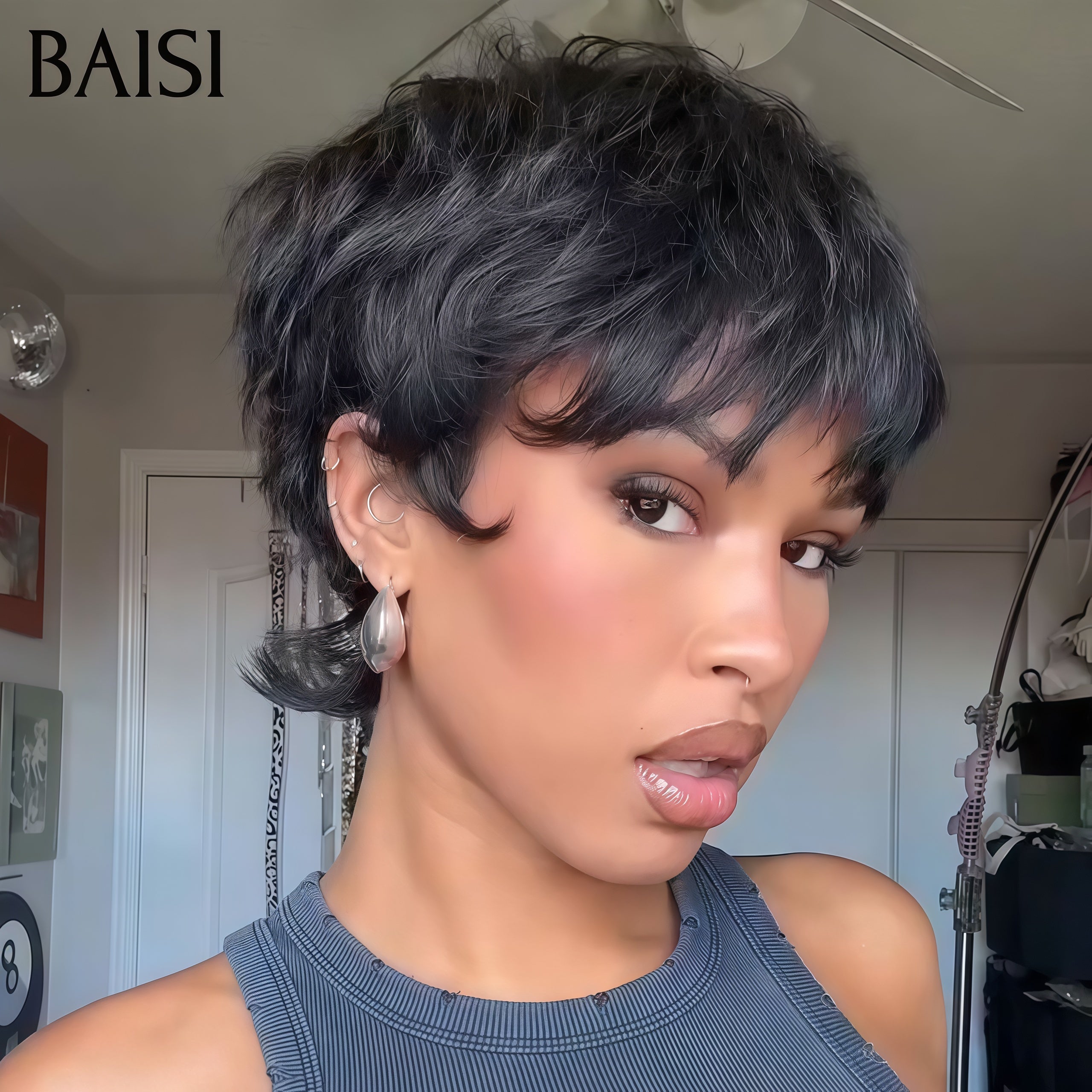 BAISI Perruque Pixie Courte Lisse Noir Sans Colle Sans Lace 48€ Ou Pixie Afro Curl 13x4 lace frontal bouclé partout Couleur Bordeaux 99j 63€ en 100% cheveux humains F-905