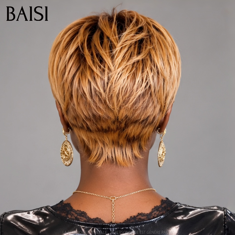 BAISI Perruque Pixie Courte Lisse 45€ Couleur Marron Doré 4#30 Sans Colle Sans Lace Excellente Qualité Pas Chèr en 100% Cheveux Humains