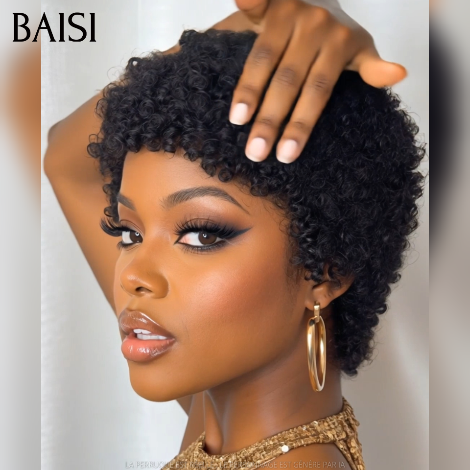 BAISI Perruque Pixie Afro curl Couleur Noir 1B# 56€ Sans Colle Sans Lace Pour Débutante Beauté Possessive en 100% Cheveux humains