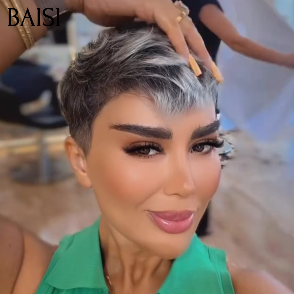 BAISI 13x4 Lace Perruque Pixie Courte Lisse 1BGris 99€ Ou Gris 98€ Style Contemporaine Rajeûnissante en 100% Cheveux humains