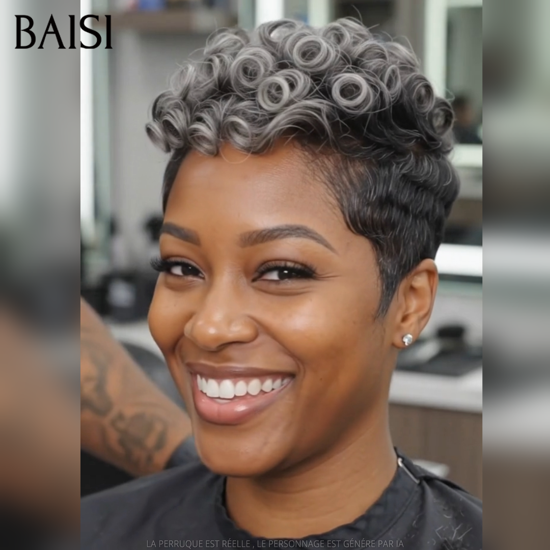 BAISI Lot de 2 Perruques Pixie Bouclée Gris et Orange 99€ Sans Colle Sans Lace Coupe A la Mode Pour l'Eté en 100% Cheveux humains