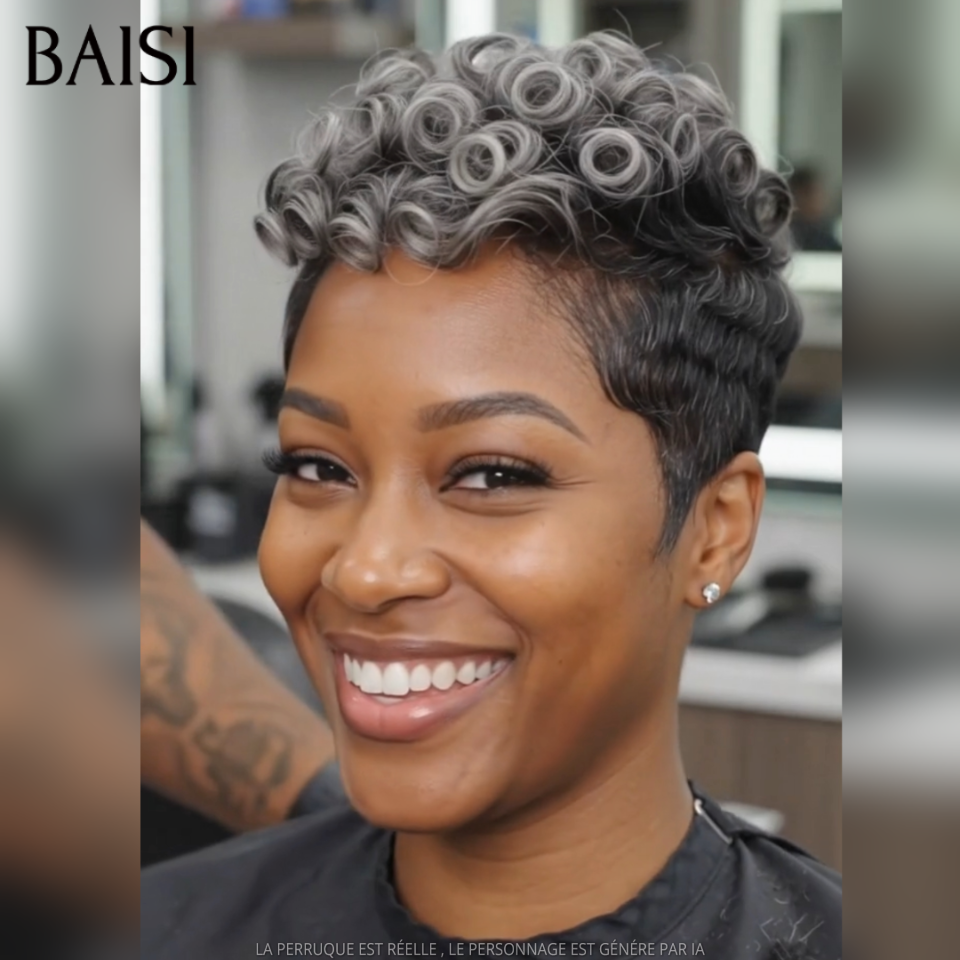 BAISI Lot de 2 Perruques Pixie Bouclée Gris et Orange 99€ Sans Colle Sans Lace Pose Facile Coupe A la Mode Pour l'Eté en 100% Cheveux humains