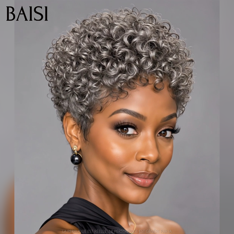 BAISI Perruque Pixie Curly Wave Couleur Gris# 89€ Sans colle Sans Lace Coiffure Rajeûnissante Très Bonne qualité en 100% Cheveux humains