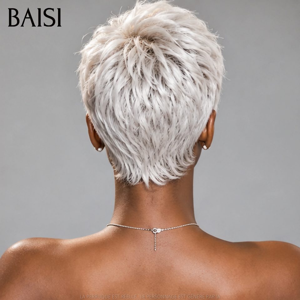BAISI Perruque Pixie Courte Gris Blanc Lisse 69€ Sans Colle Sans Lace Pratique et Facile A Porter En 100% Cheveux Humains