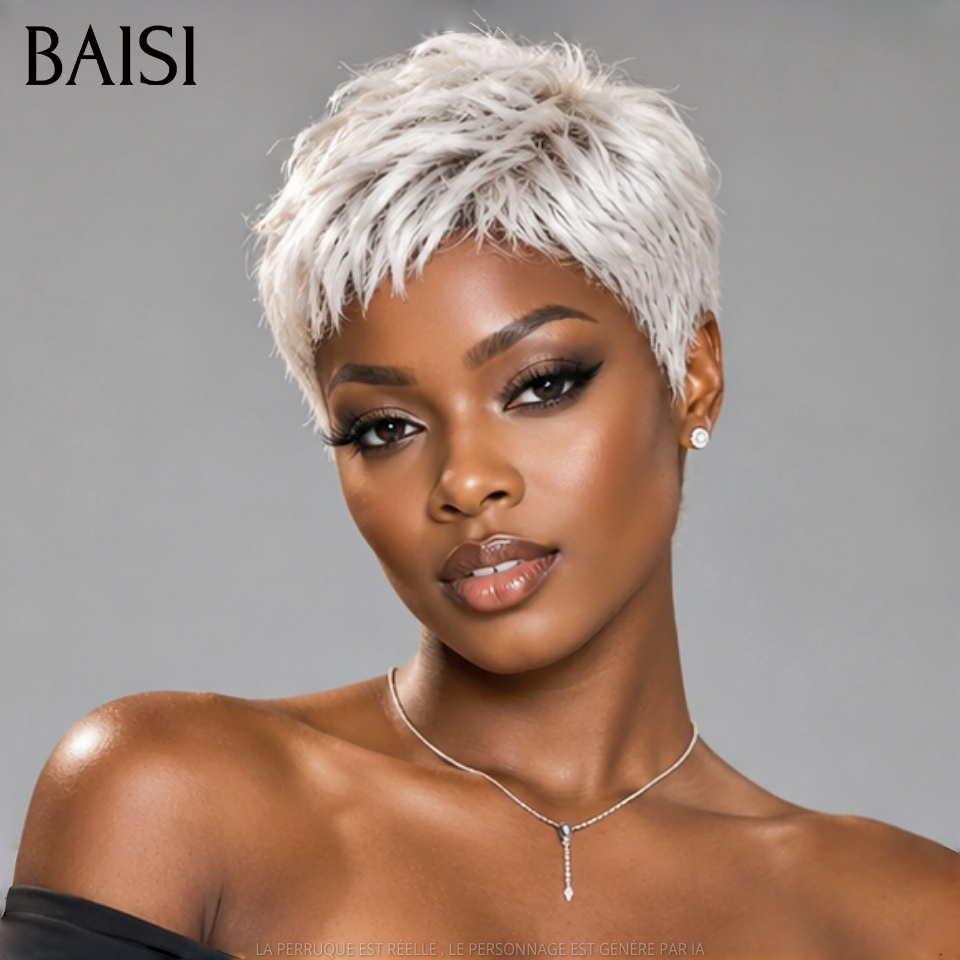 BAISI Perruque Pixie Courte Gris Blanc Lisse 69€ Sans Colle Sans Lace Pratique et Facile A Porter En 100% Cheveux Humains