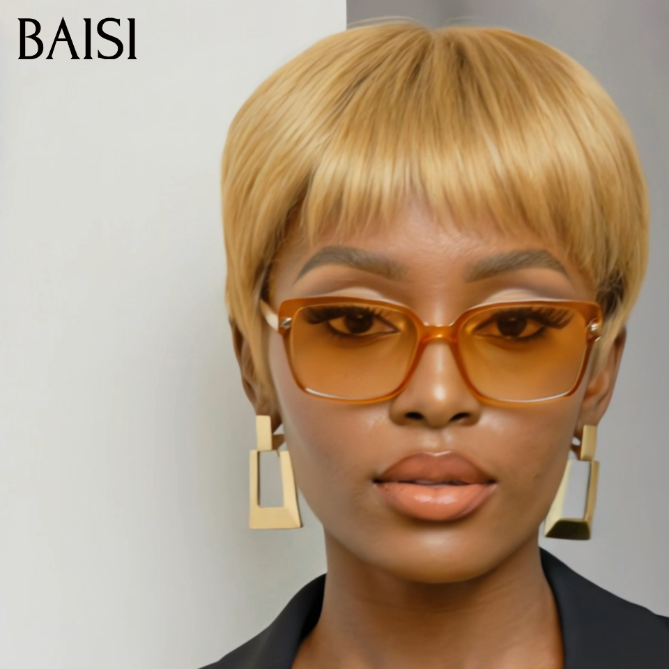 BAISI Perruque Pixie Lisse Courte 45€ Couleur Marron Doré 33# Sans Colle Sans Lace Facile A Porter en 100% Cheveux humains