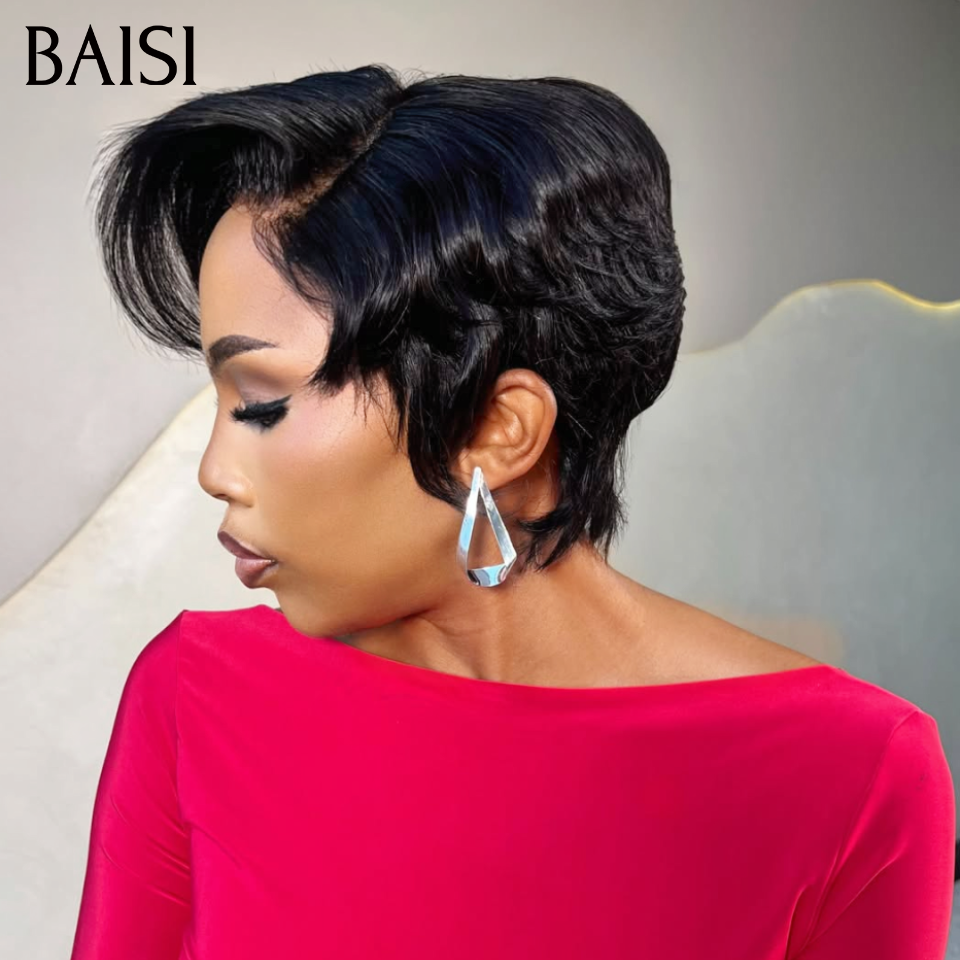 BAISI 13X4 lace Perruque Pixie Lisse Noir 6Pouces Prix Promo 68€ Seulement en 100% Cheveux Humains