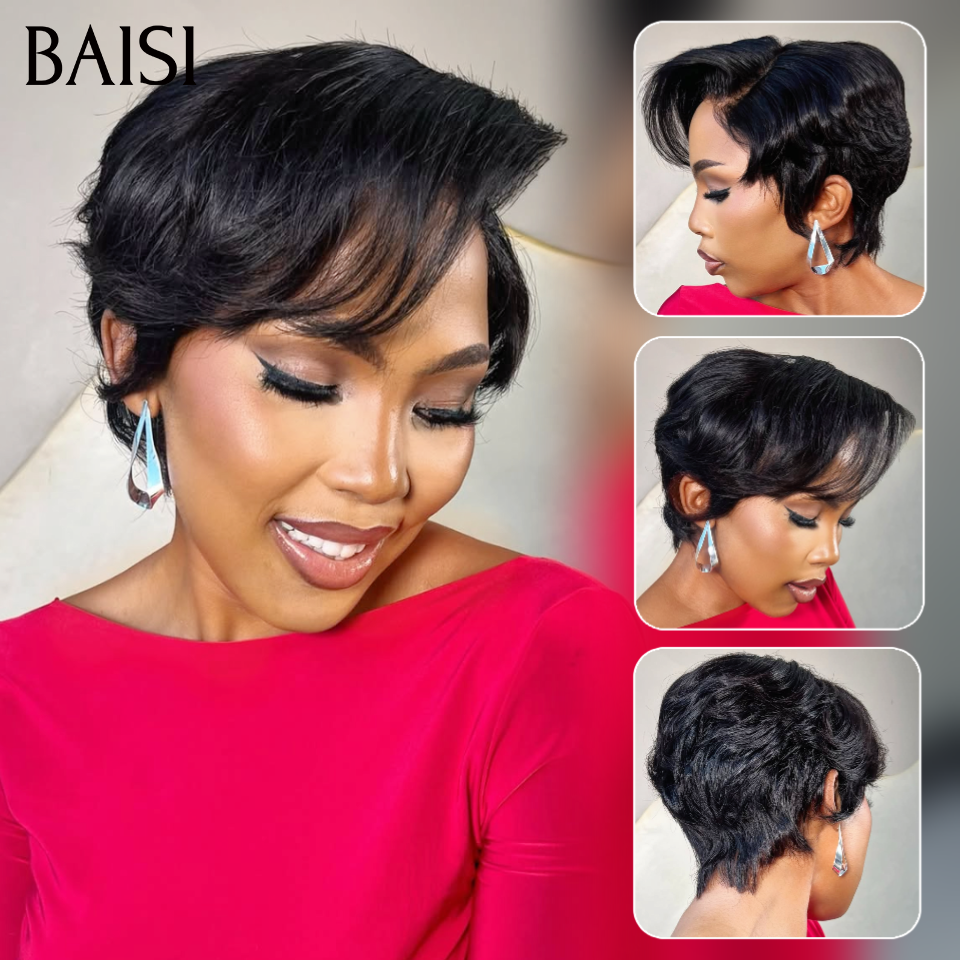 BAISI 13X4 lace Perruque Pixie Lisse Noir 6Pouces Prix Promo 68€ Seulement en 100% Cheveux Humains