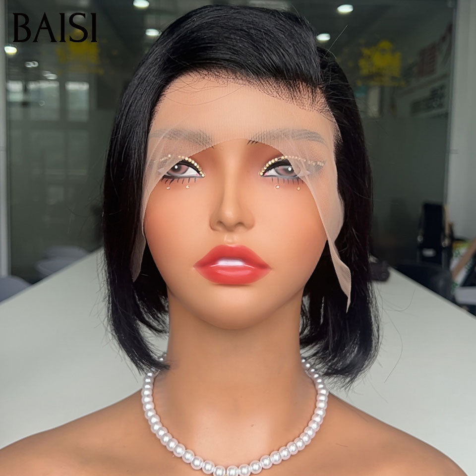 BAISI 13x4 Lace Perruque Pixie Courte lisse Noire A Forte Demande 59€ Seulement En 100% Cheveux Humains