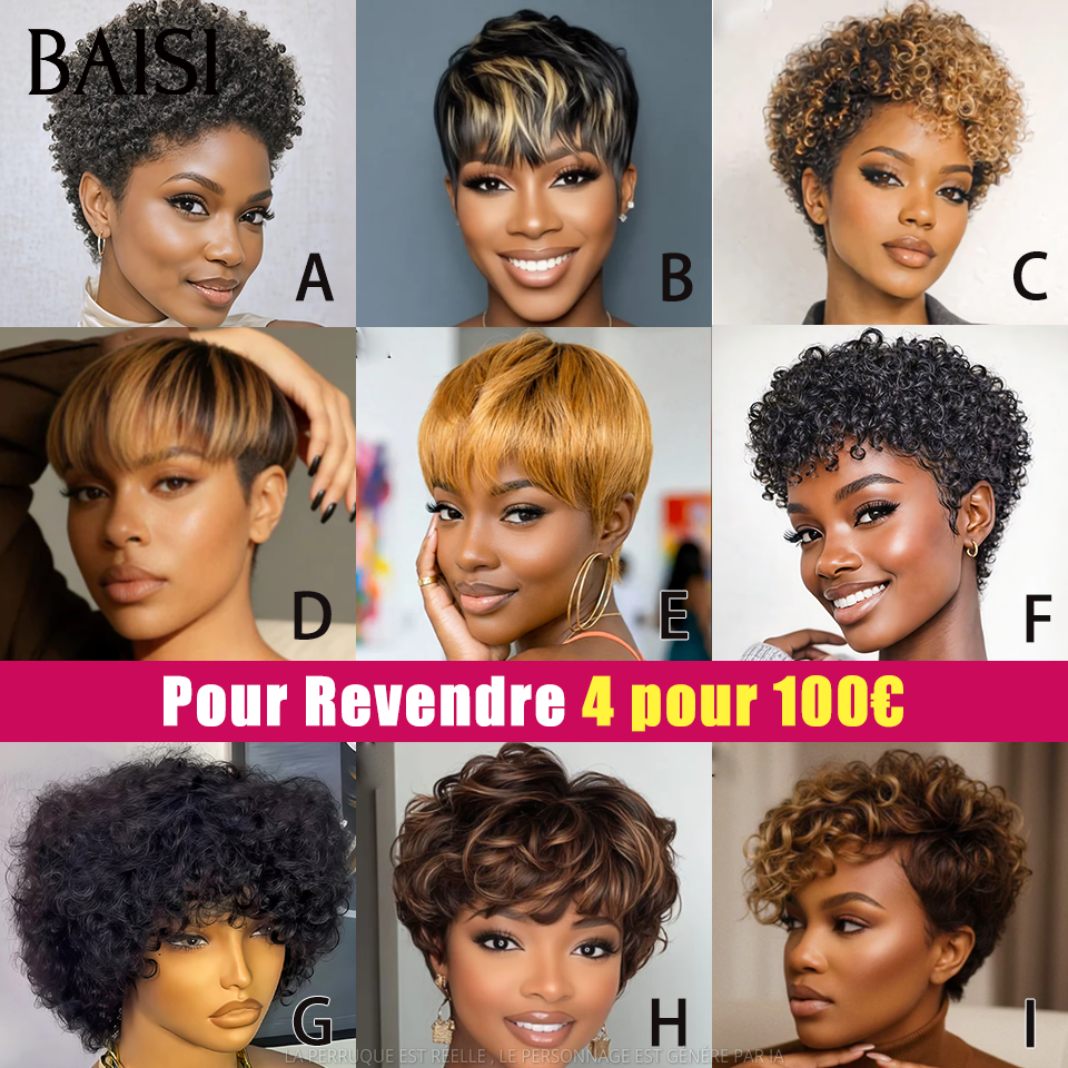 BAISI Lot 4 Perruques Pixie ABCD ou EFGH 100€ Différentes Modèles Mélangées Pour Revendre Fabriqué à la Machine en 100% cheveux humains