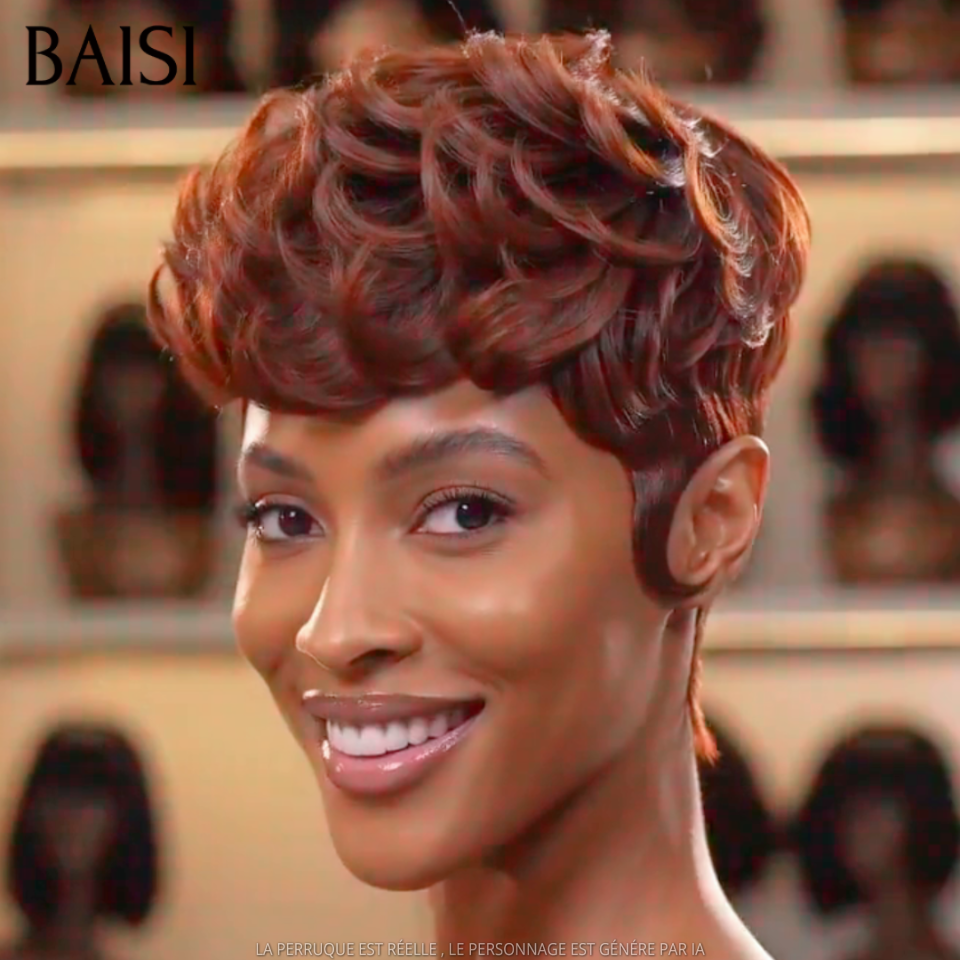 BAISI Lot de 2 Perruques Pixie Bouclée Gris et Orange 99€ Sans Colle Sans Lace Pose Facile Coupe A la Mode Pour l'Eté en 100% Cheveux humains