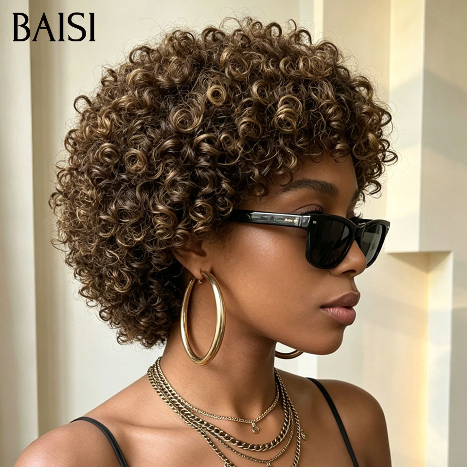 BAISI Perruque Pixie Curly Wave Couleur Marron Mixte 4/30# Sans Lace Sans Colle Facile à Porter Toute en Beauté en 100% Cheveux humains
