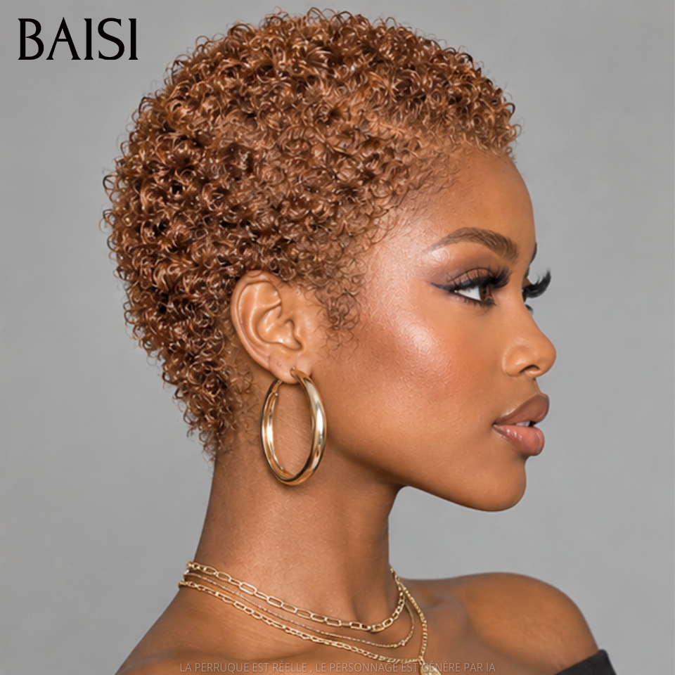 BAISI Full Lace Perruque Pixie Courte Crépus Coiffée 138€ Couleur Marron Glacé #33 Super A la Mode et Sexy en 100% Cheveux humains