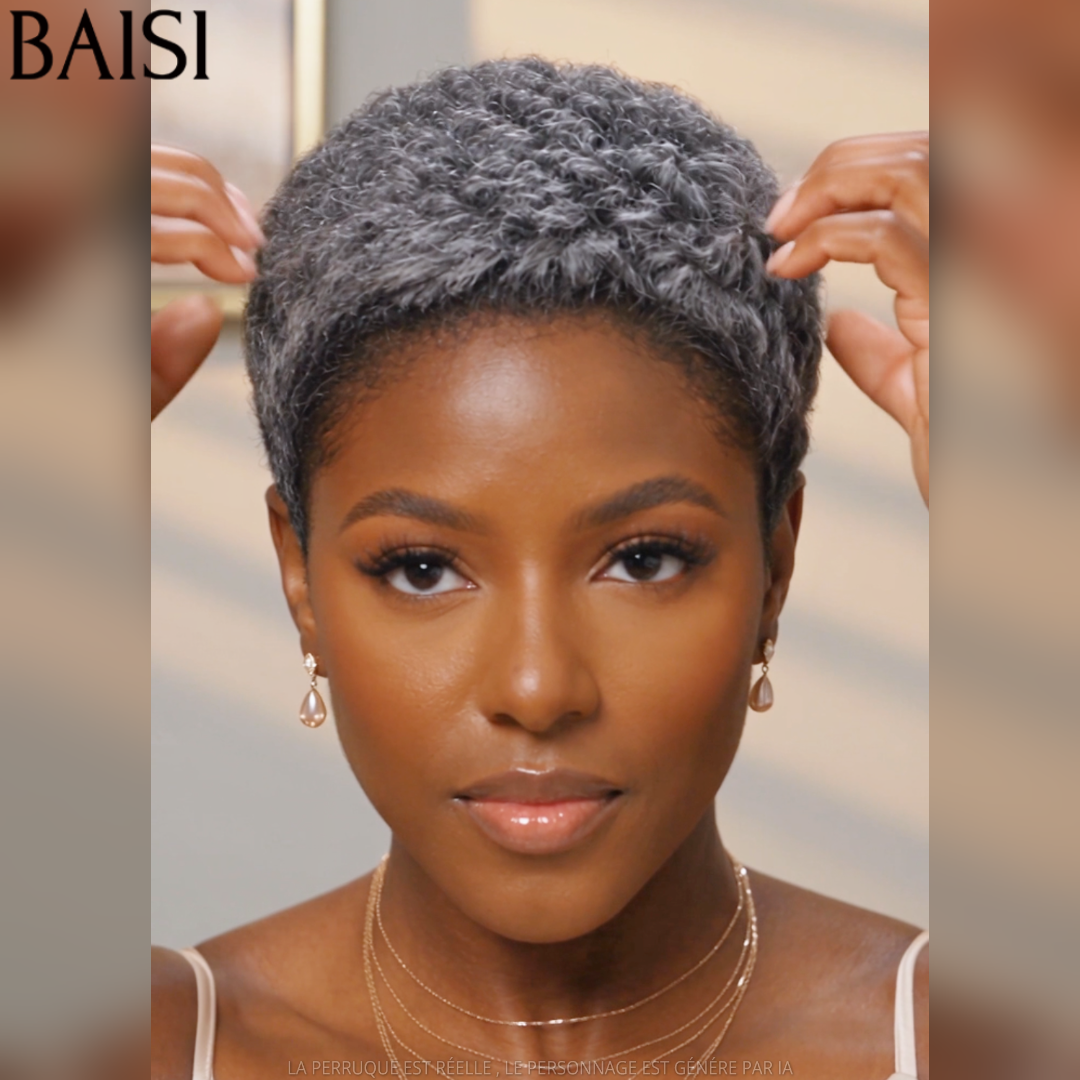 BAISI Perruque Pixie Frisée Afro Courte Gris Collection Poivre et Sel 78€ Sans Colle Sans Lace Excellente Cadeaux de Grand Mère en 100% Cheveux humains