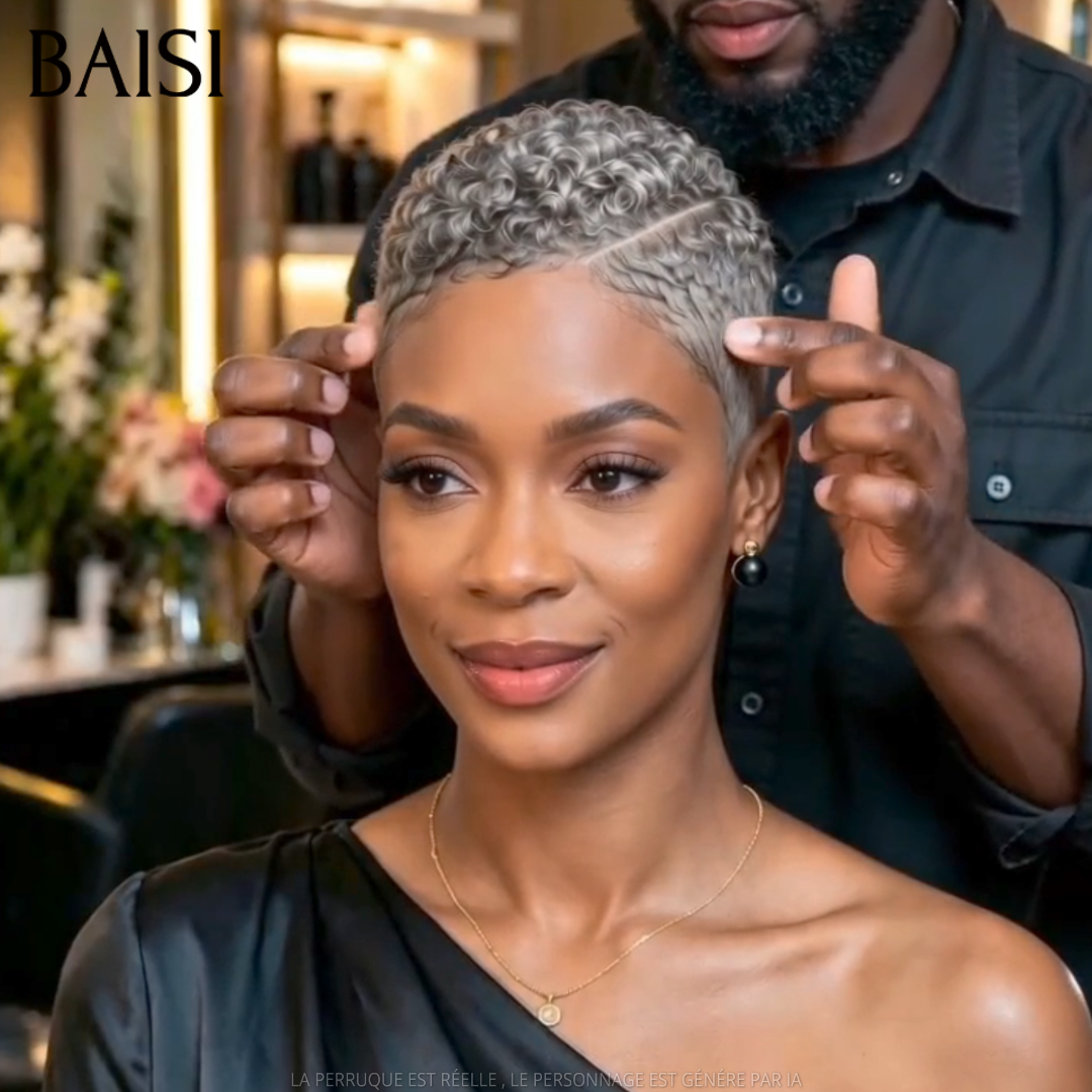 BAISI 5x5 Lace Perruque Pixie Curly Courte Sans Colle Couleur Gris 105€ Modèle Spéciale et Facile A Porter en 100% Cheveux humains