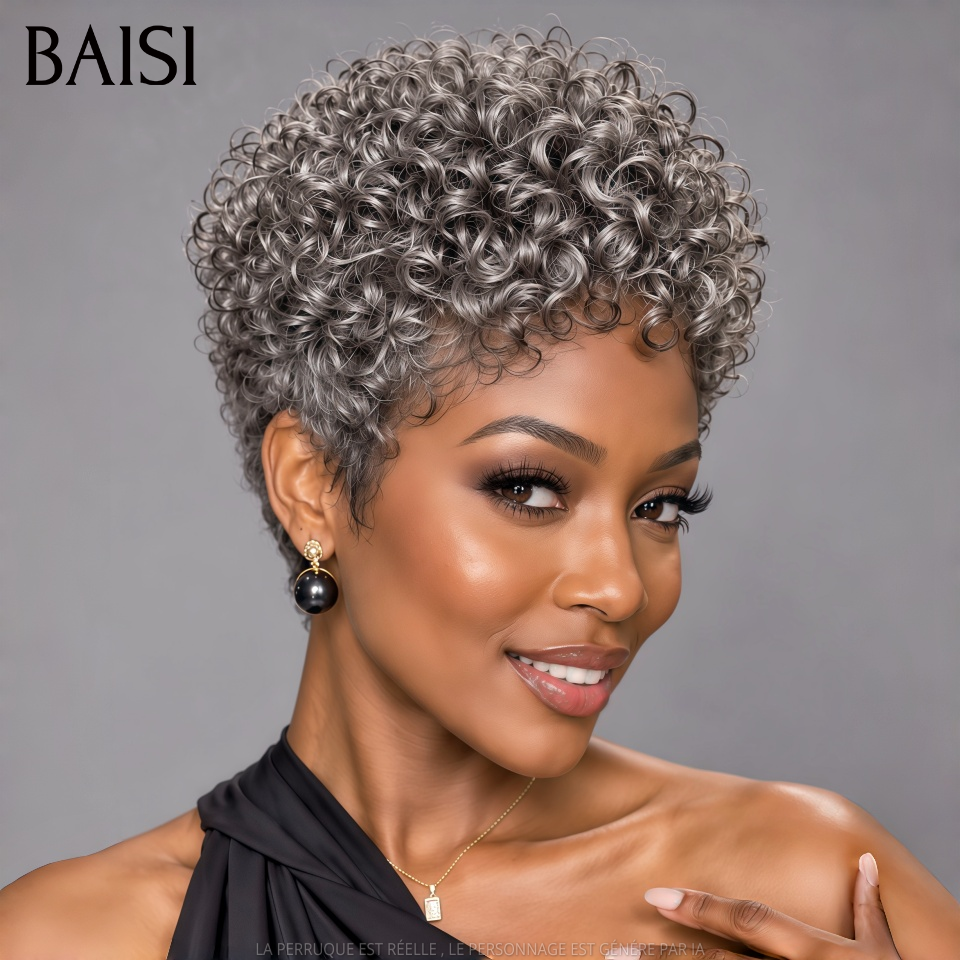 BAISI Perruque Pixie Curly Wave Couleur Gris# 89€ Sans colle Sans Lace Coiffure Rajeûnissante Très Bonne qualité en 100% Cheveux humains