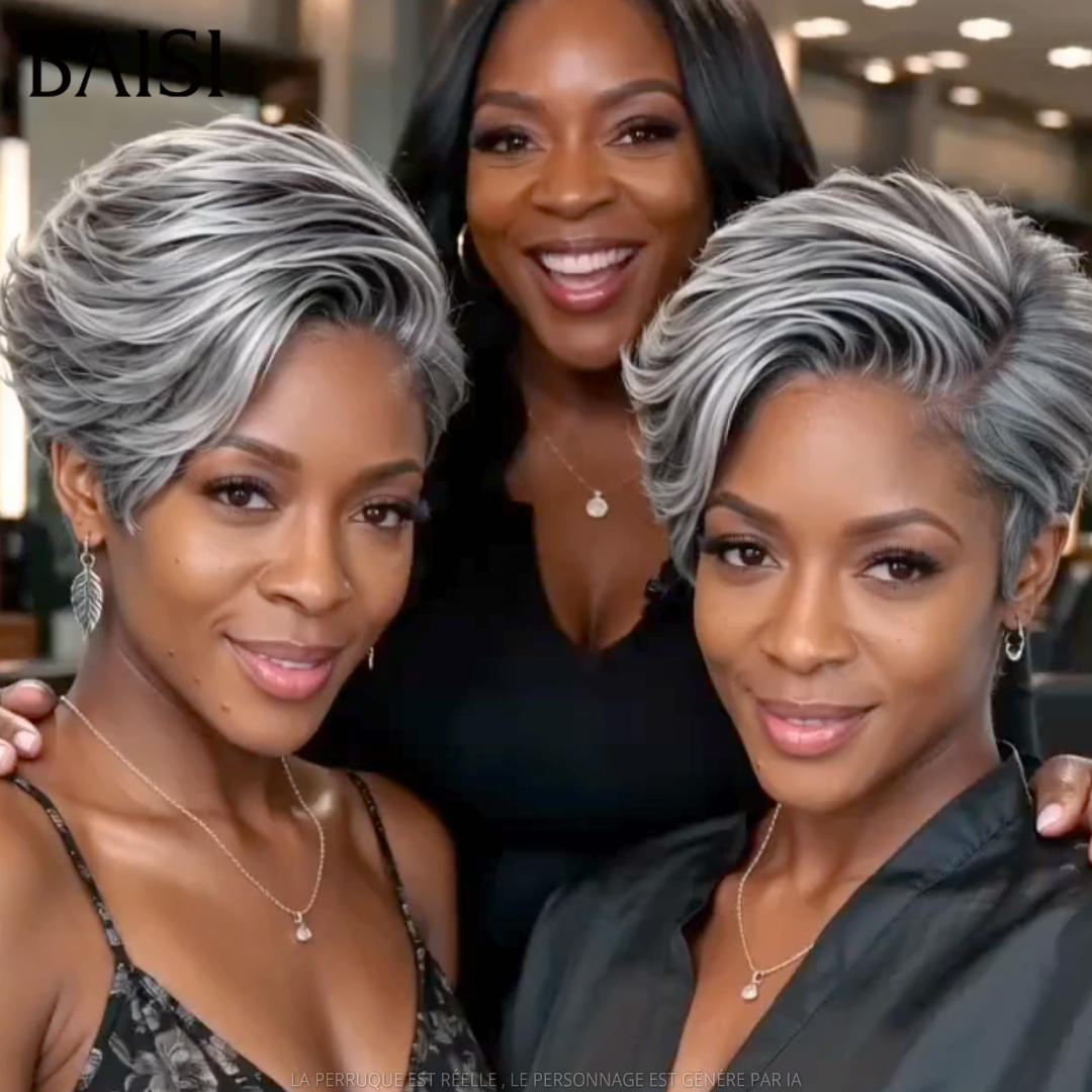 BAISI 13x4 Lace Perruque Pixie Lisse Courte Gris Collection Poivre et Sel 118€ Rajeûnissante en 100% Cheveux humains