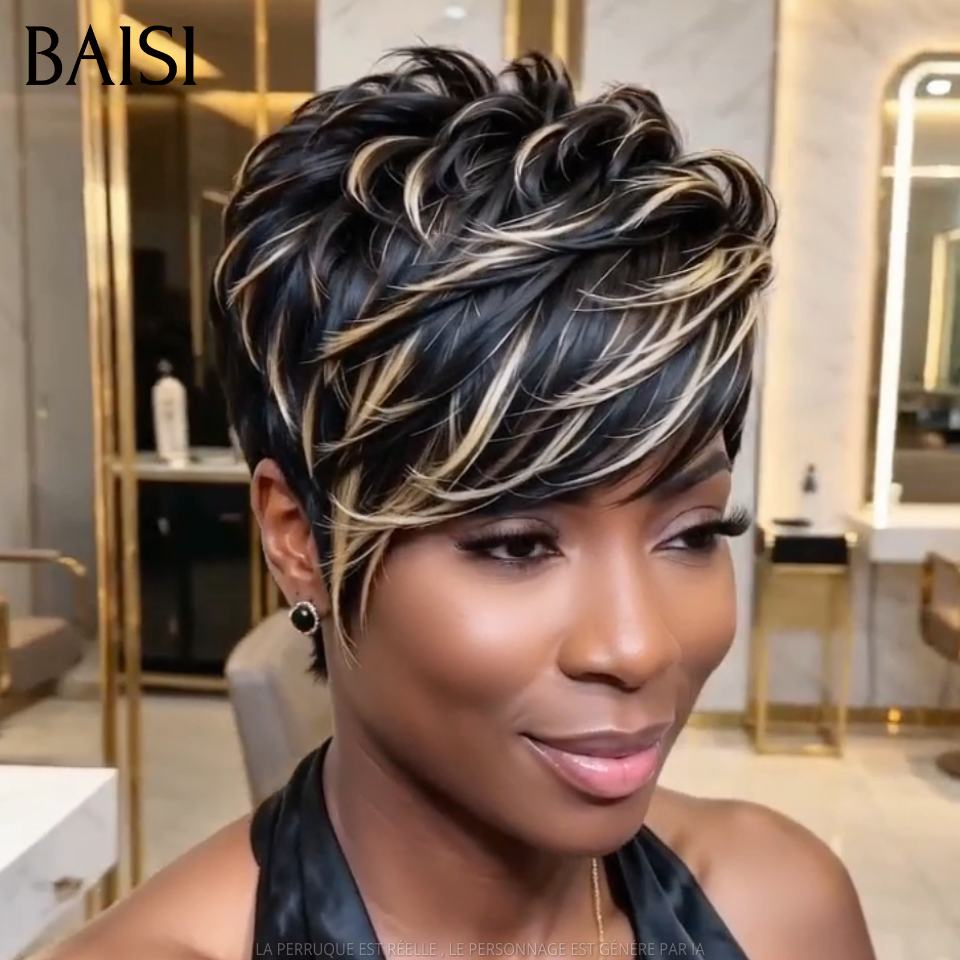 BAISI Perruque Pixie Lisse Couleur Noir Miel 1B/27# 49€ Sans Colle Sans Lace Coupe Effilée Dégradée en 100% Cheveux humains