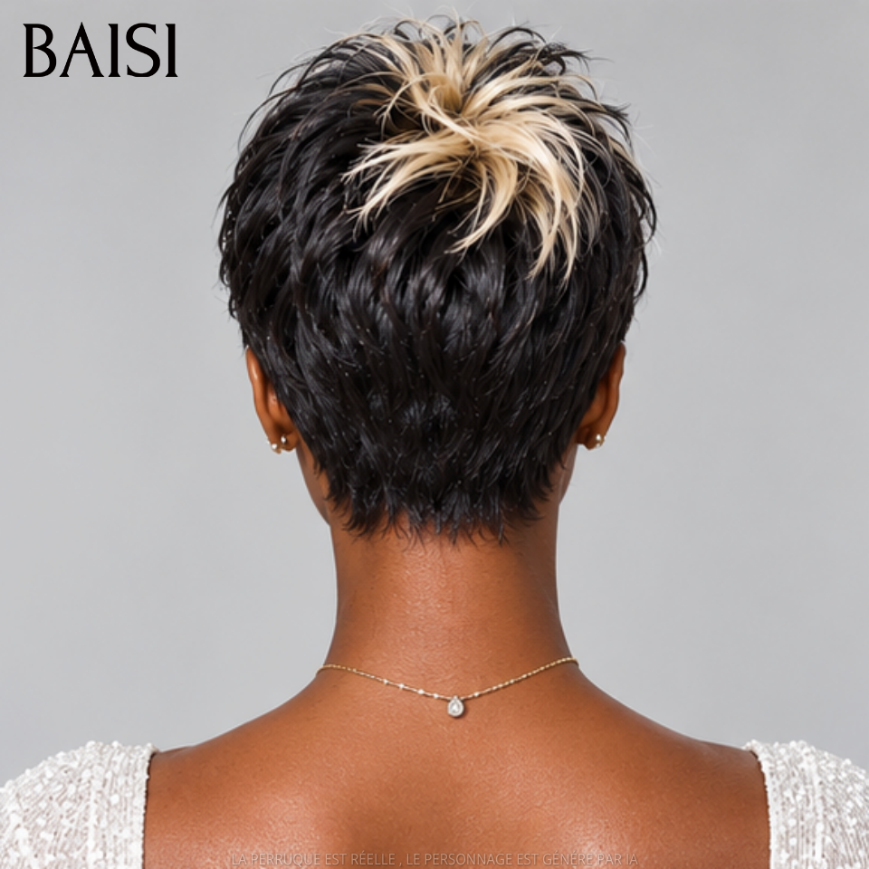 BAISI PROMO MOITIE PRIX 13x4 Lace Perruque Pixie Courte Toute Coiffée Couleur Noir et Blonde 1B/613# Nouvelle Tendance Très A la Mode en 100% Cheveux humains MP50