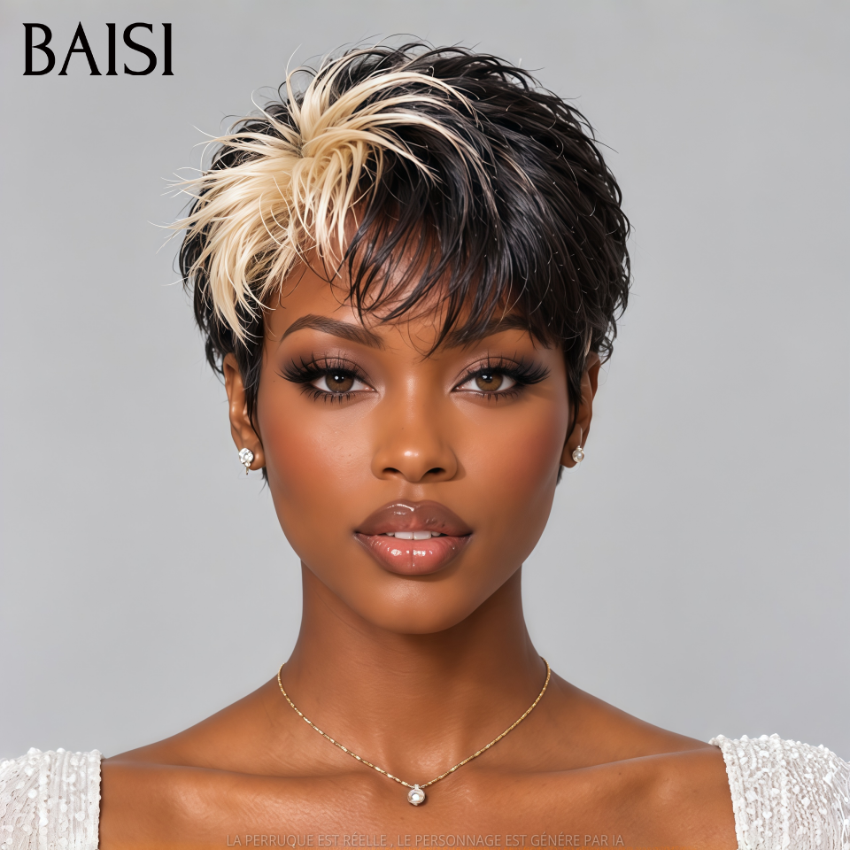 BAISI PROMO MOITIE PRIX 13x4 Lace Perruque Pixie Courte Toute Coiffée Couleur Noir et Blonde 1B/613# Nouvelle Tendance Très A la Mode en 100% Cheveux humains MP50