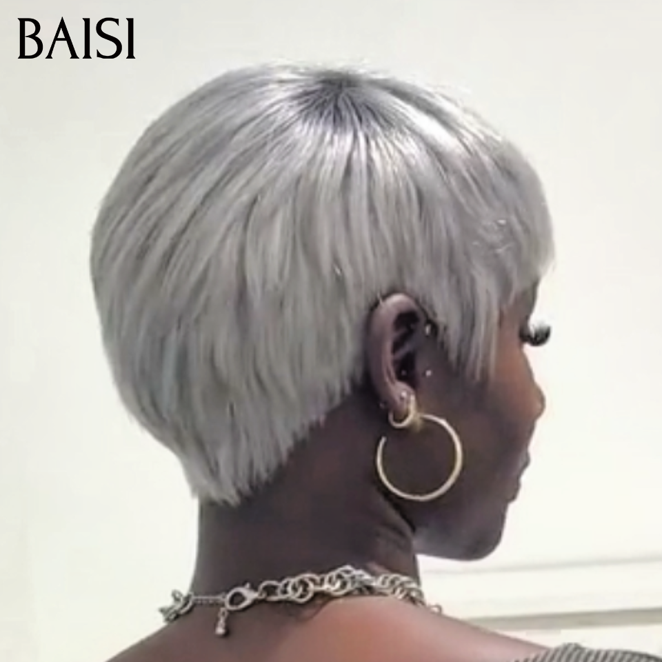 BAISI 13x4 Lace Perruque Pixie Courte Grise Lisse 99€ Pratique et Confort Ou Perruque Lisse DE luxe Bob 2x6 Lace 100% Vietnam Hair en Couleurs personnalisées SDD BONE STRAIGHT 10 Pouces 100€ En 100% Vrais Cheveux Humains